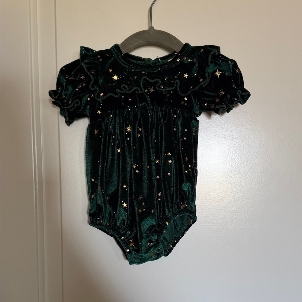 Marie Nicole emerald green velvet romper with gold stars